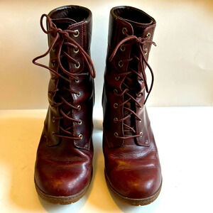 Women’s Timberland burgundy boots, 3 1/2” heels, size 9 1/2